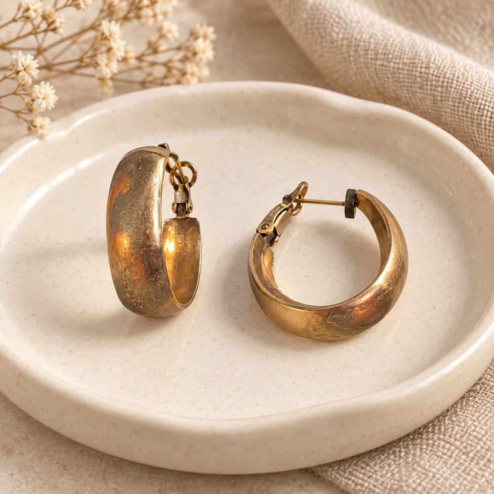 Vintage Distressed Gold Tone Wide Chunky Hoop Earrings Antiqued Patina Finish